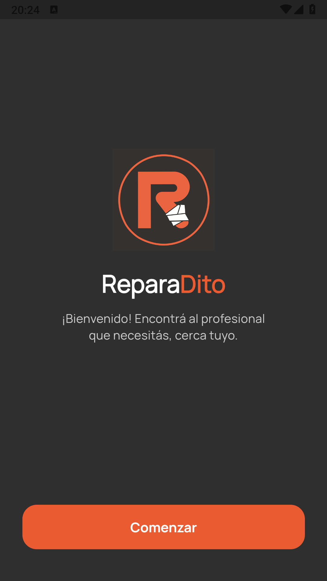 Pantalla de bienvenida de la app ReparaDito
