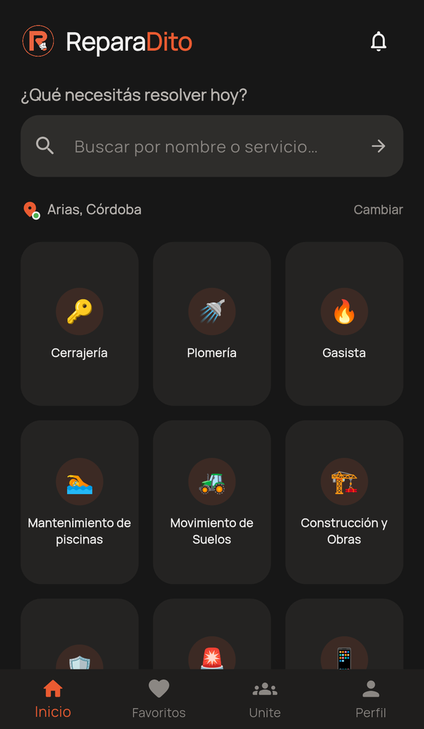 Pantalla de inicio de la app ReparaDito con los rubros